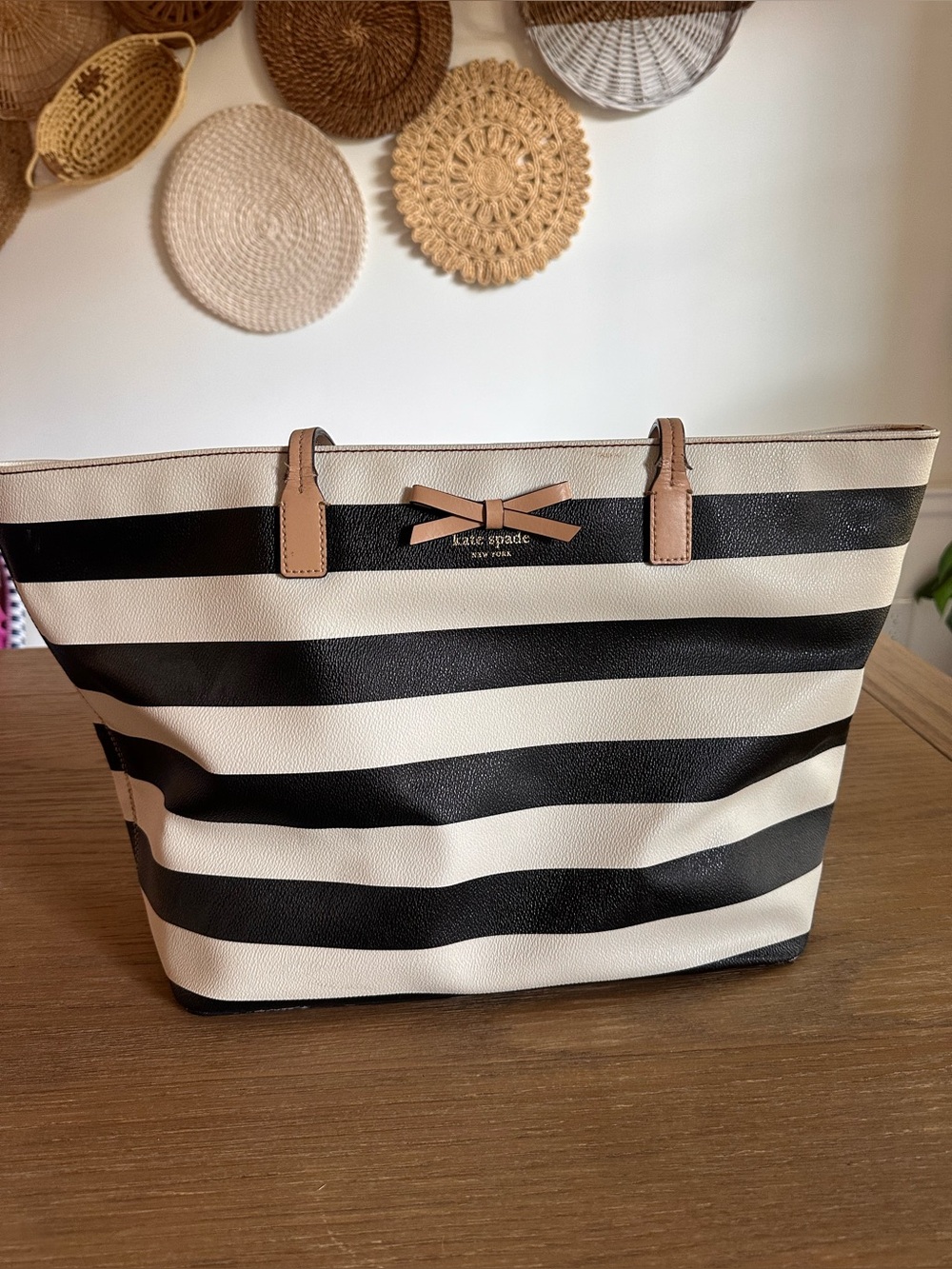 Kate Spade Black White Striped Large Tote Bag Bow Tan Leather Trim